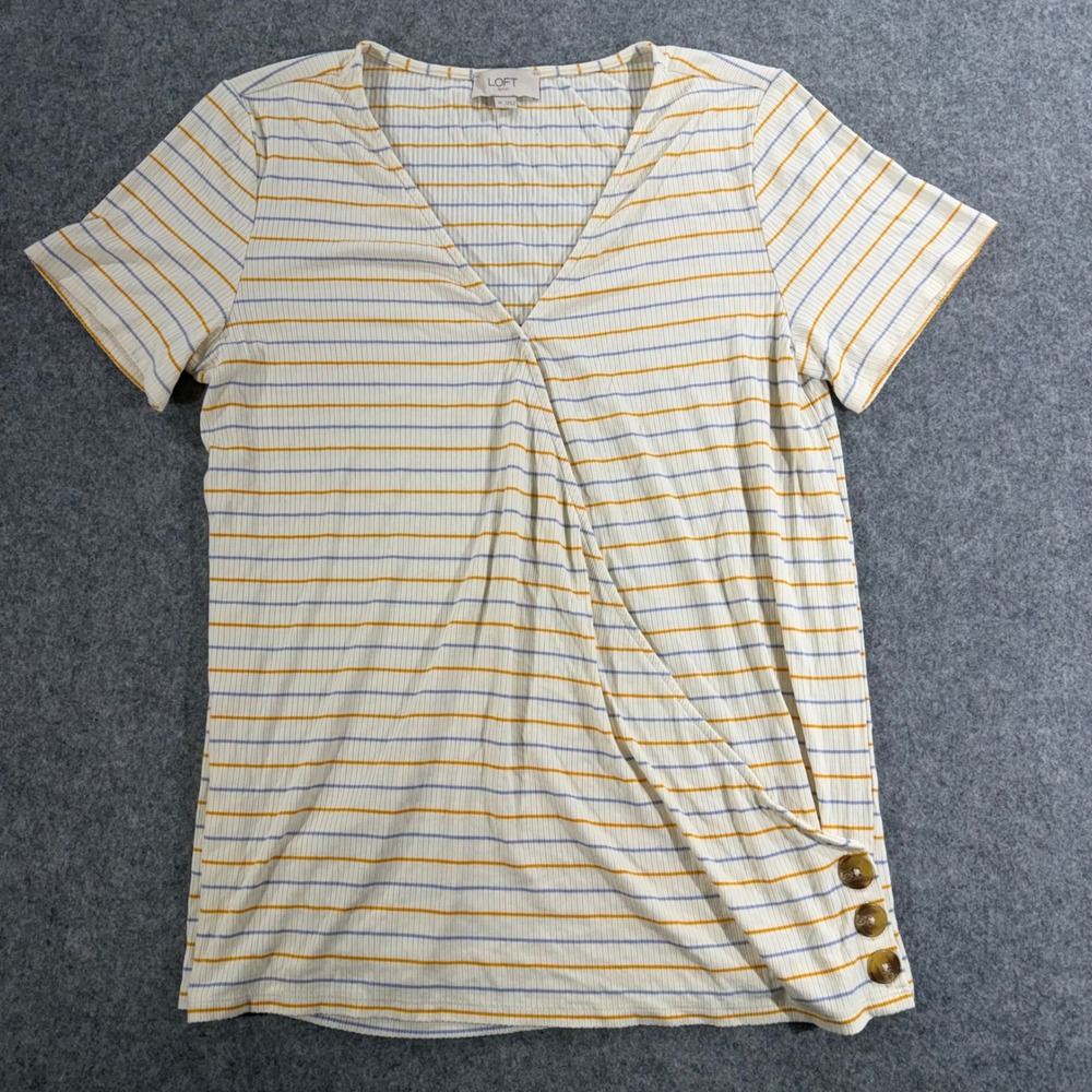 Loft Outlet Womens Medium Striped Ribbed Faux Wrap V-Neck Short Sleeve Top